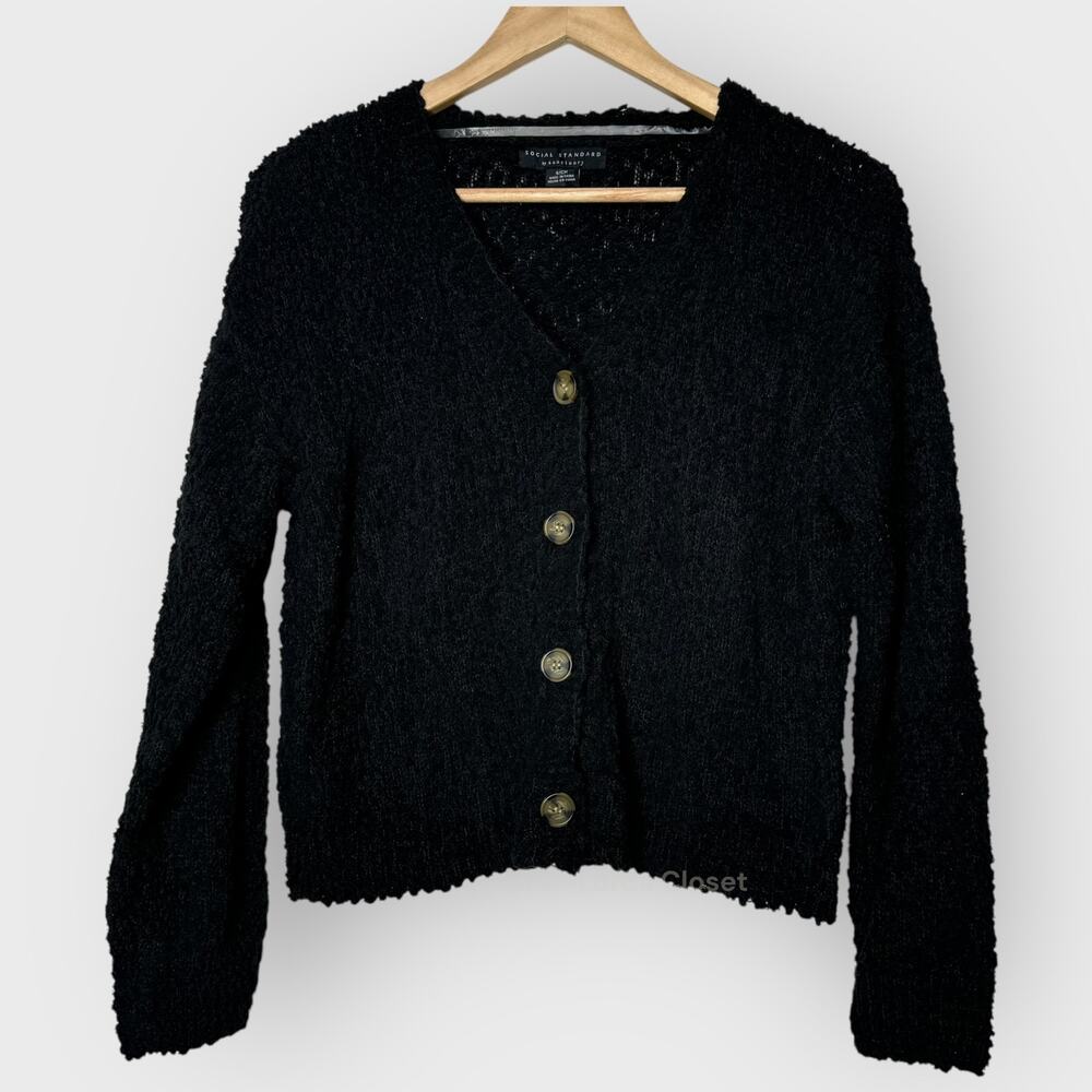 Sanctuary Popcorn Textured Womens Cardigan | Small | Black Boxy Cropped Preppy